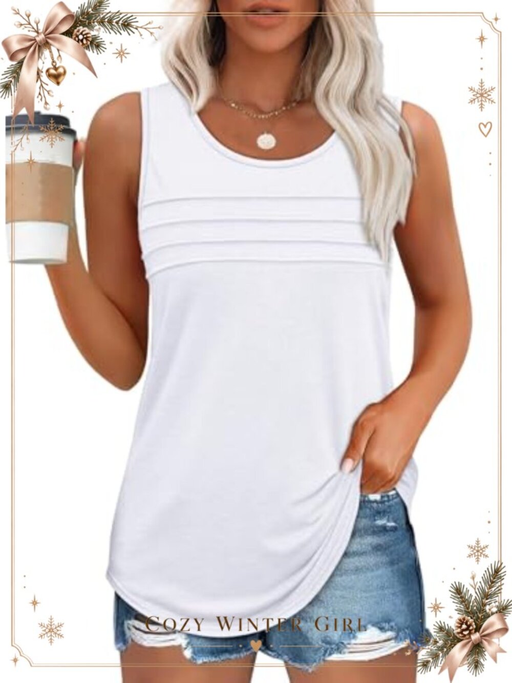 Womens Casual Summer Tank Top Sleeveless Pleated Loose Fit Scoop Neck Blouse